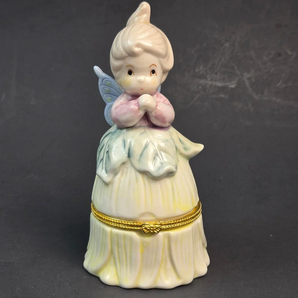 Vintage Porcelain Fairy Hinged Trinket Box Pastel Angel Figurine Gold Tone Clasp